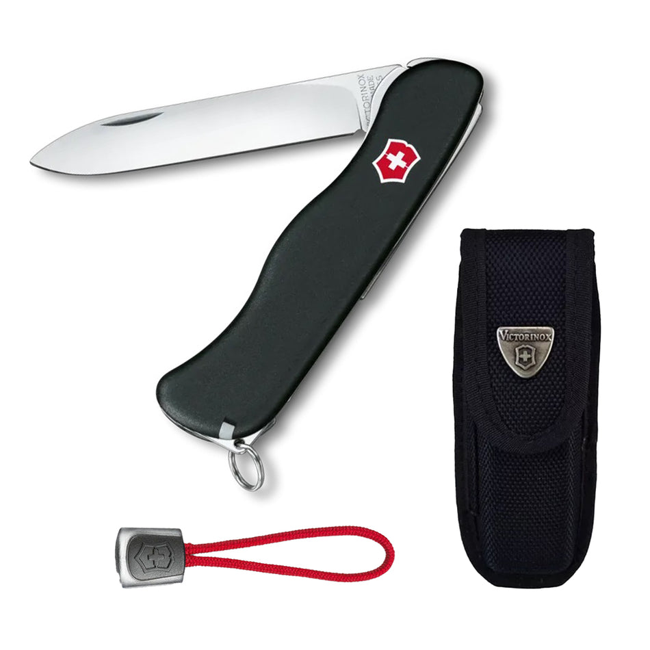 Navaja Sentinel Victorinox Negro Funda + Cordón Rojo