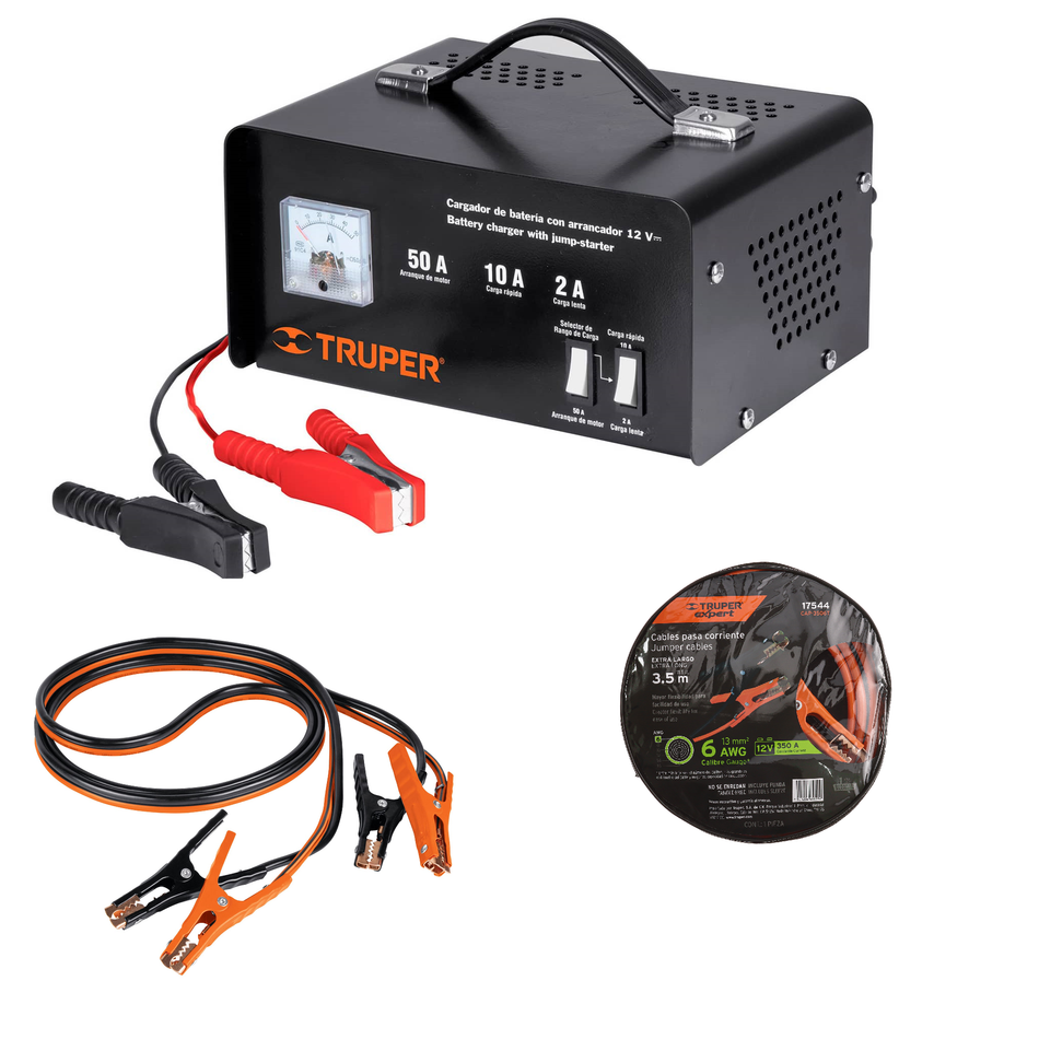 Cargador Para Baterías 50A 12V Kit Cables Pasa Corriente