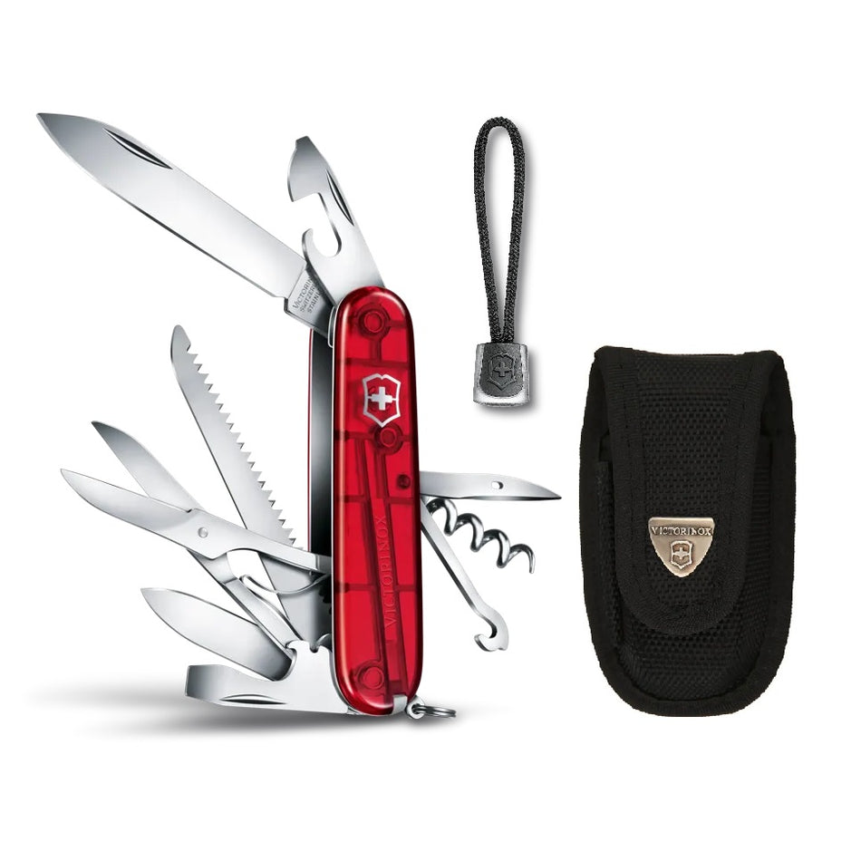 Navaja Huntsman Rojo Transp. Victorinox Kit Funda Y Cordón