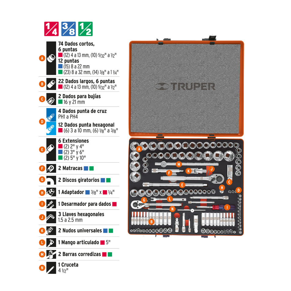 Juego 135 Herramientas 1/4″, 3/8″ y 1/2″ Std 13975 Truper