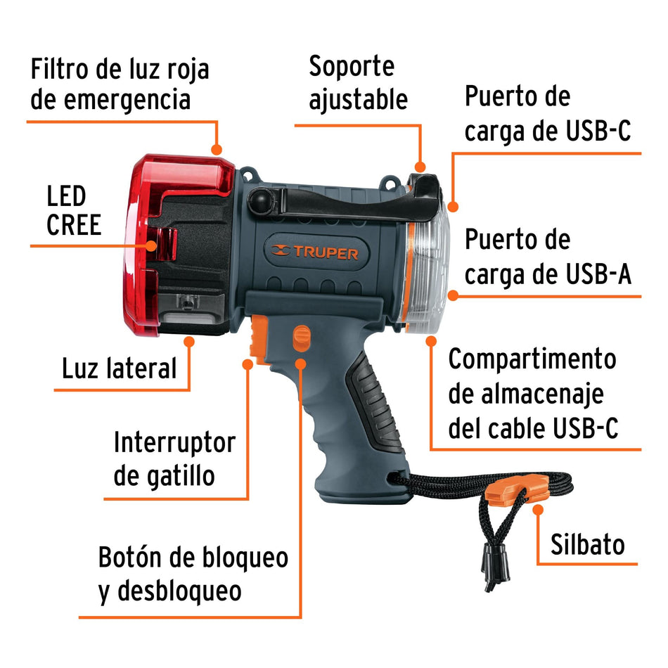 Lámpara De Led 2000lm Recargable Alta Potencia Truper 102418