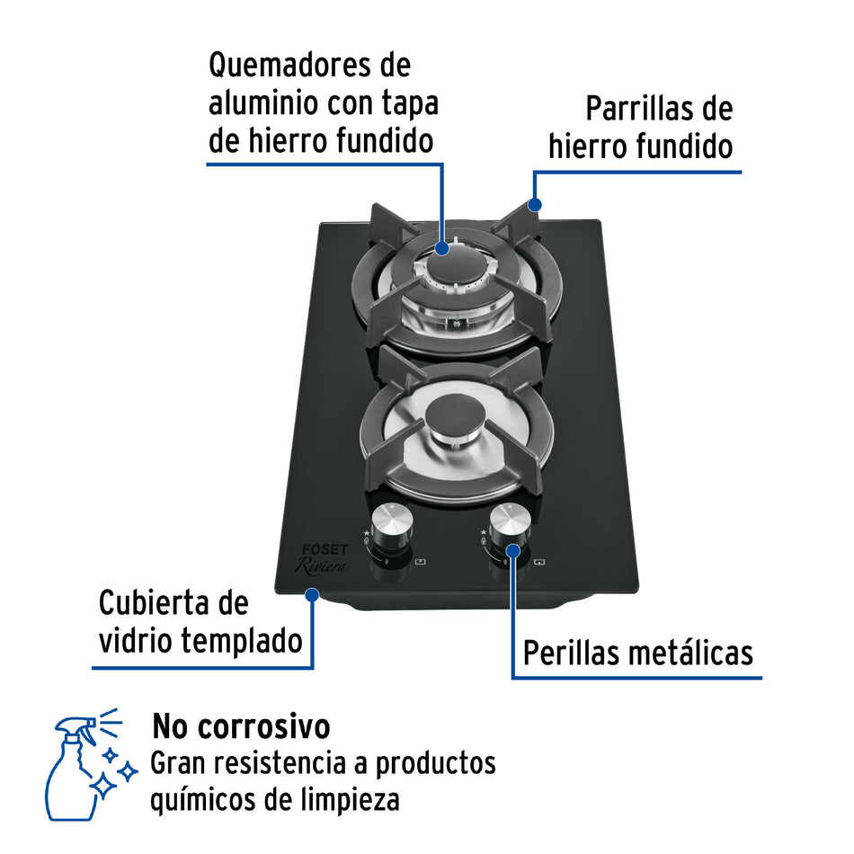 Parrilla Gas Empotrable 30 cm 2 Quem, Vidrio Negro 46249