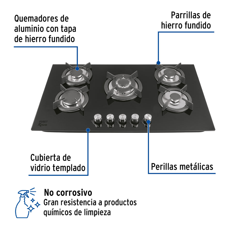 Parrilla Gas Empotrable 90cm, 5 Quem, Vidrio Negro, 46248