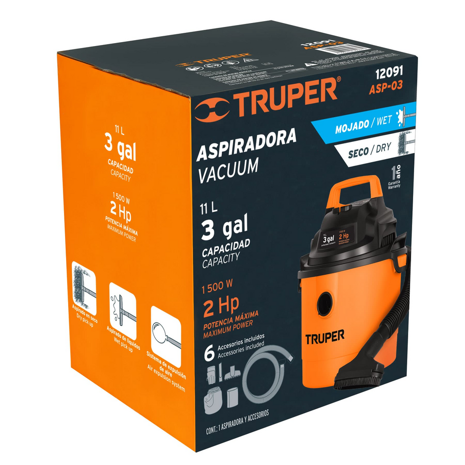 Aspiradora de sólidos y líquidos de 3 gal Truper 12091