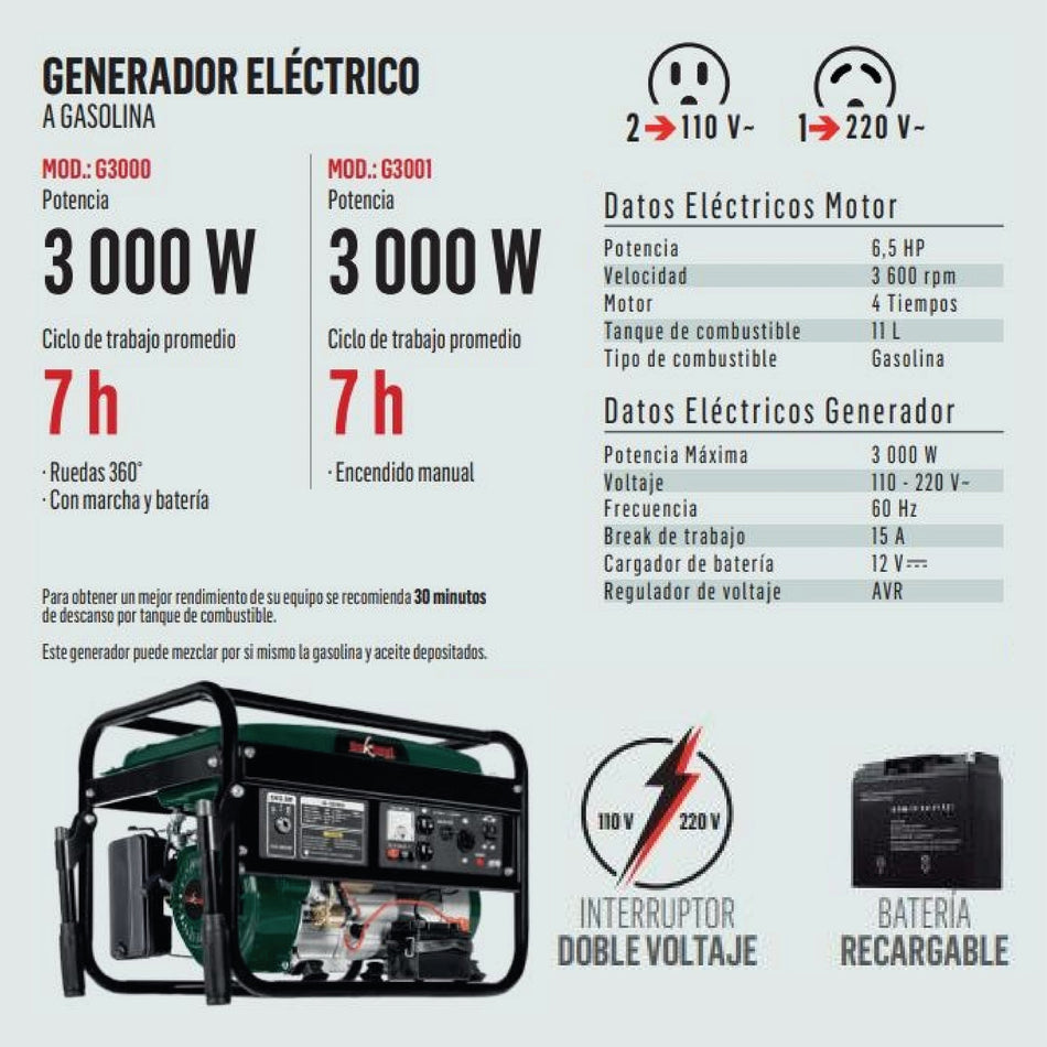 Generador Monofásico 120/240V 6.5 Hp 11 lts Oakland G3000